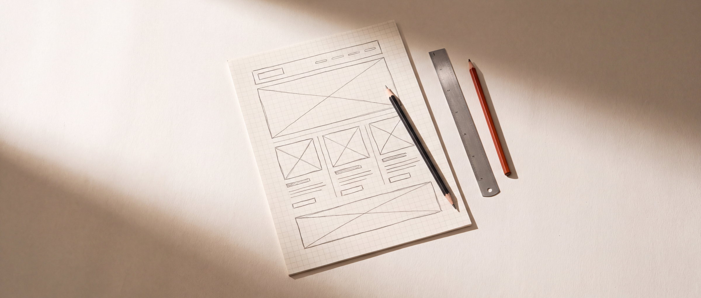 Rascunho a lápis do layout de uma página em papel quadriculado, ao lado de uma régua e dois lápis